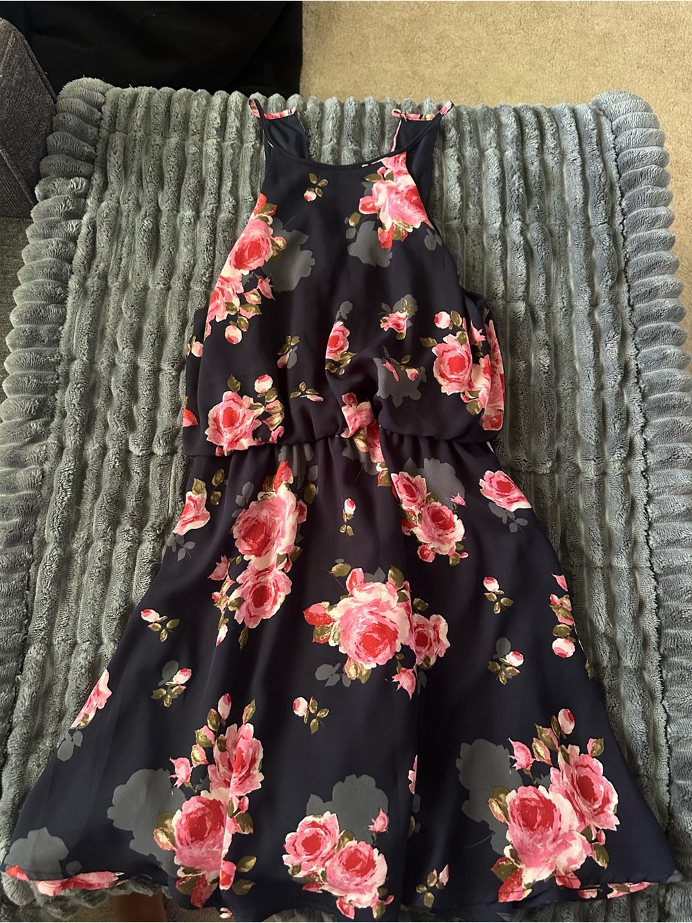 Girls Floral Navy Halter Dress - Pink Rose Print